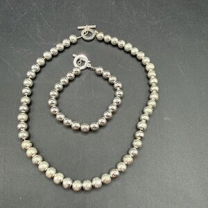 Chaps Silver Tone Polished Bead Necklace 16" & Bracelet 7" Matching Set